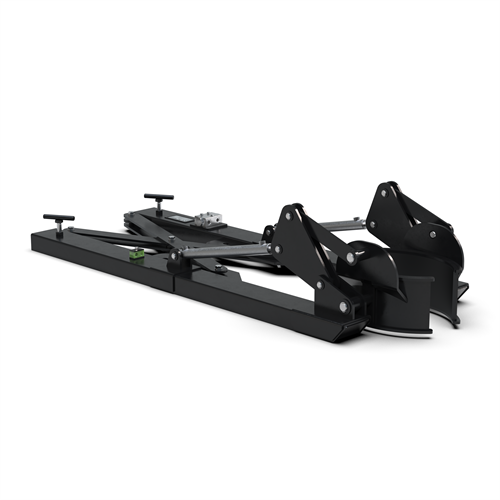 Svart fatvändare till gaffeltruck liggandes på mark sett framifrån